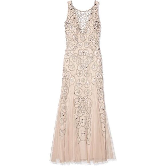 Aidan Mattox Champagne V-Neck Illusion Gown Size 2 - Picture 1 of 16